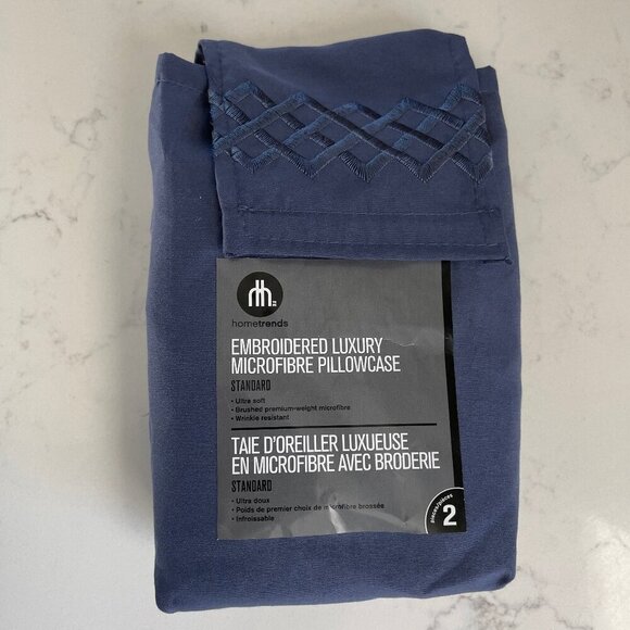 Hometrends Embroidered Luxury Microfibre Standard Pillowcases 2 pouches Blue - Picture 1 of 5